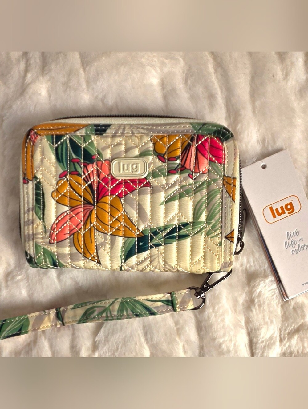 lug Quilted Floral Wristlet in Cream with Pink & Mustard